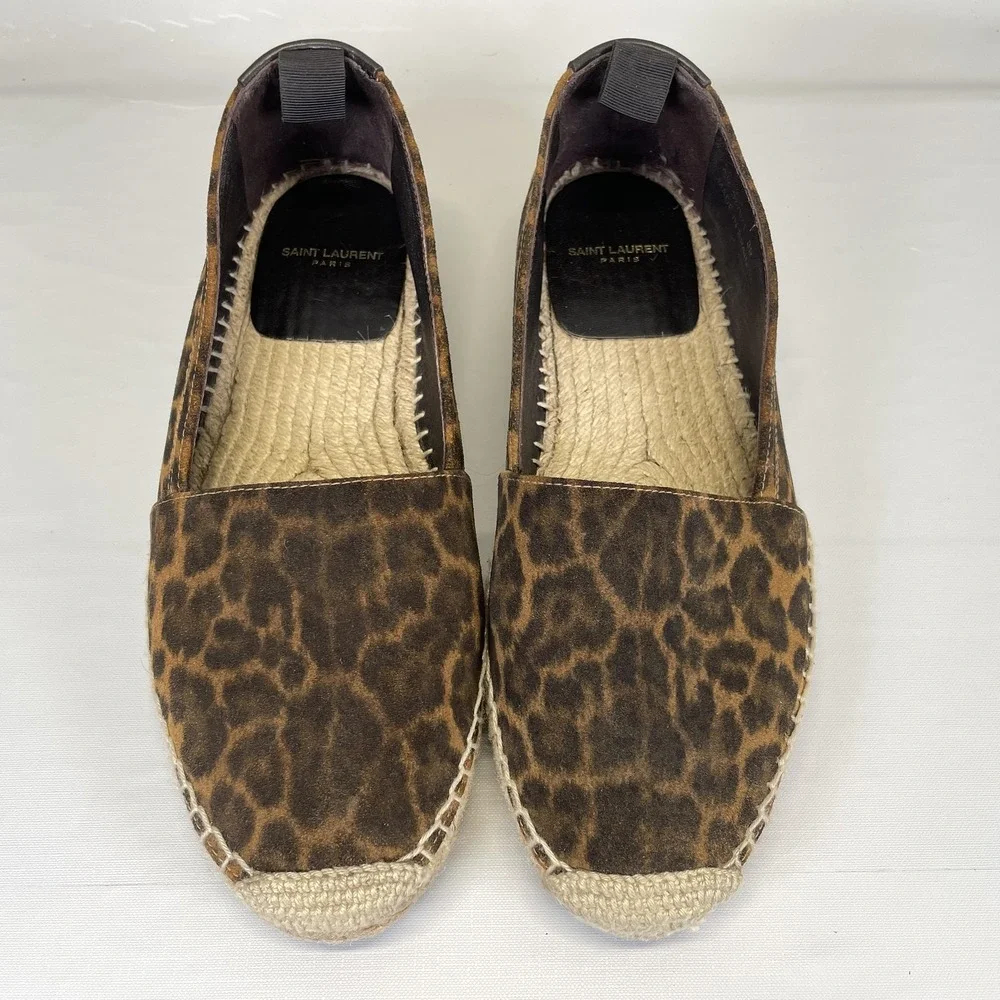 Saint Laurent Leopard Espadrilles Womens Size 39 Brown Suede Slip On Casual Shoe